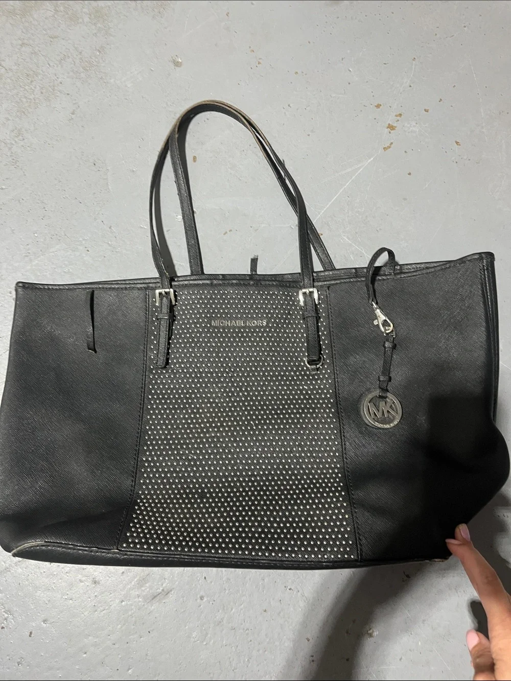Michael Kors Black Studded Canvas Tote with MK Charm